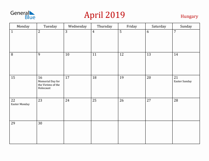 Hungary April 2019 Calendar - Monday Start