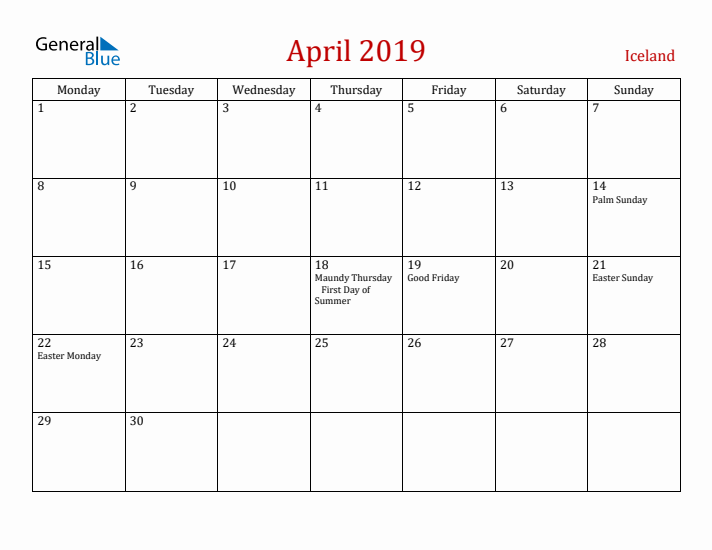 Iceland April 2019 Calendar - Monday Start