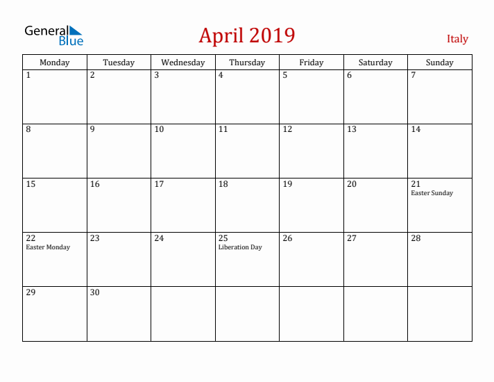 Italy April 2019 Calendar - Monday Start