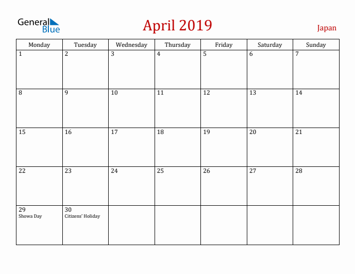 Japan April 2019 Calendar - Monday Start