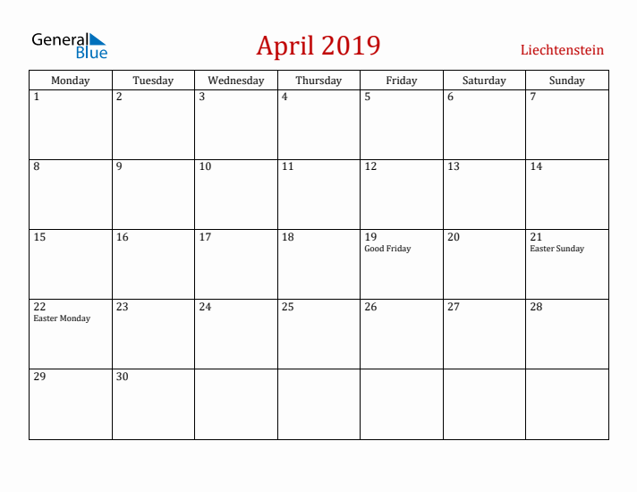Liechtenstein April 2019 Calendar - Monday Start