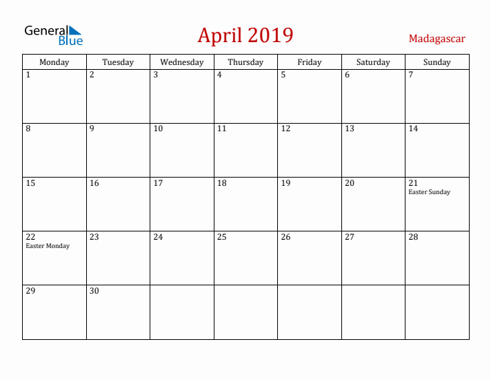Madagascar April 2019 Calendar - Monday Start