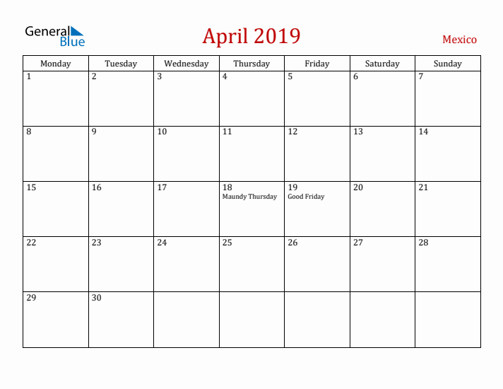 Mexico April 2019 Calendar - Monday Start
