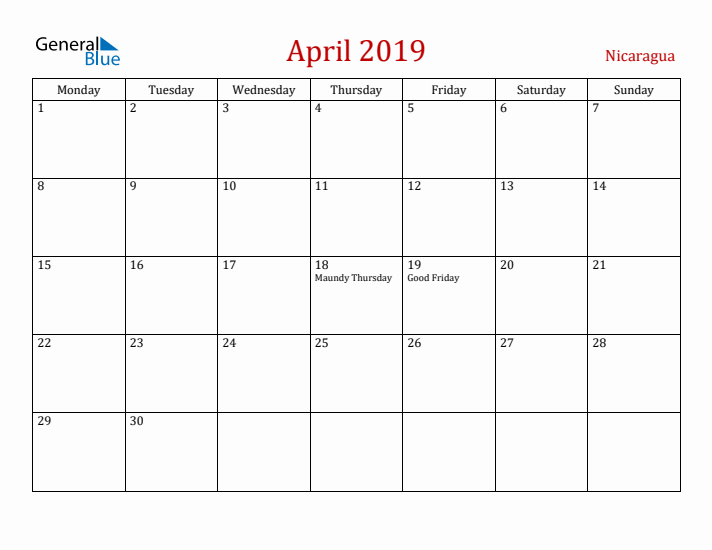 Nicaragua April 2019 Calendar - Monday Start