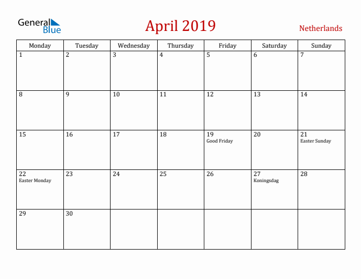 The Netherlands April 2019 Calendar - Monday Start