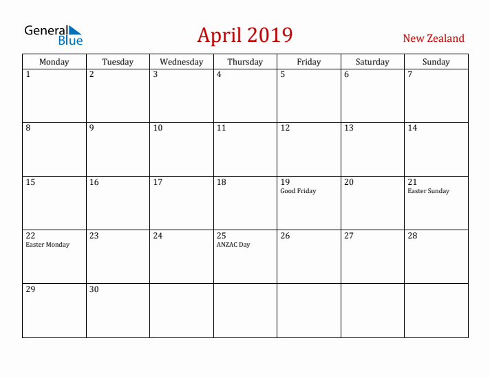 New Zealand April 2019 Calendar - Monday Start