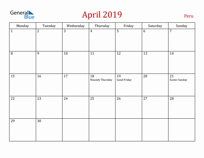 Peru April 2019 Calendar - Monday Start