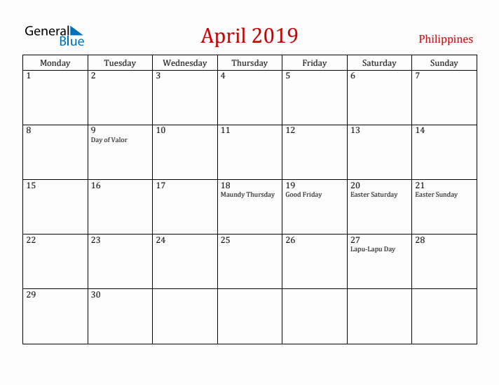 Philippines April 2019 Calendar - Monday Start