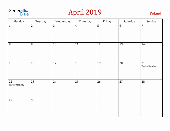 Poland April 2019 Calendar - Monday Start