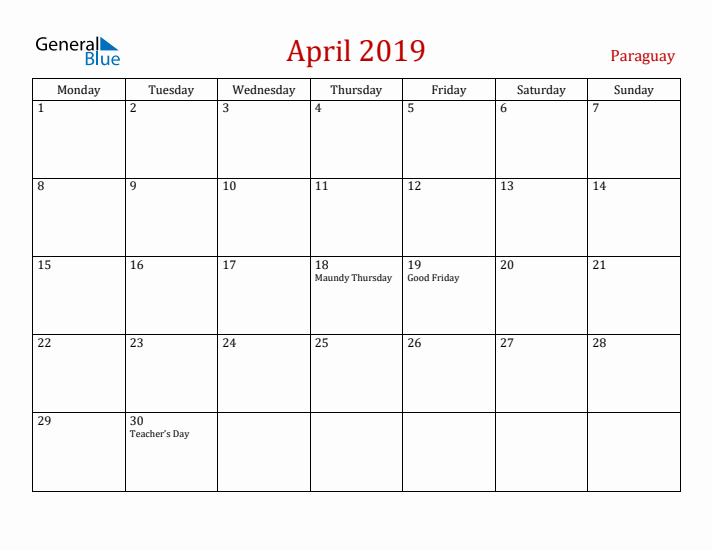 Paraguay April 2019 Calendar - Monday Start