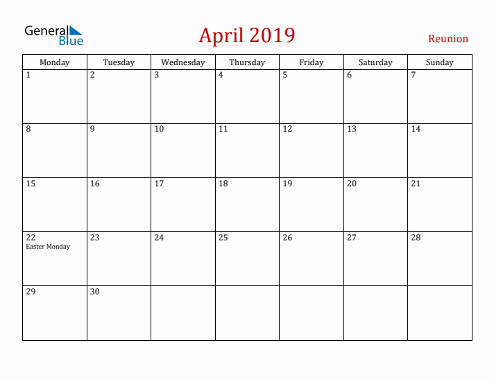 Reunion April 2019 Calendar - Monday Start