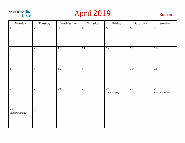 Romania April 2019 Calendar - Monday Start