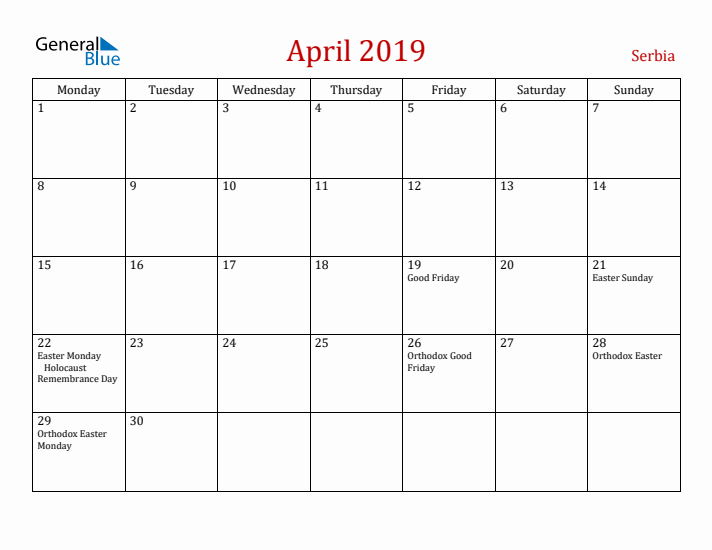 Serbia April 2019 Calendar - Monday Start