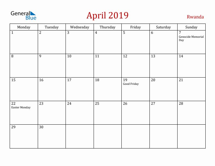 Rwanda April 2019 Calendar - Monday Start