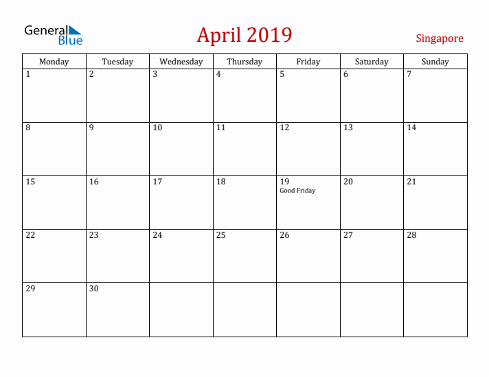 Singapore April 2019 Calendar - Monday Start