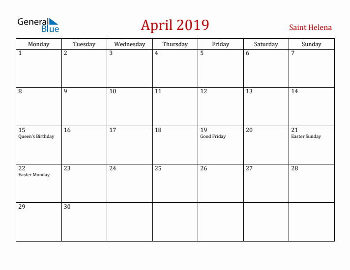 Saint Helena April 2019 Calendar - Monday Start