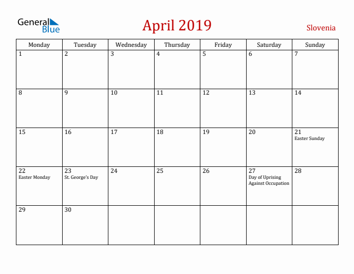 Slovenia April 2019 Calendar - Monday Start