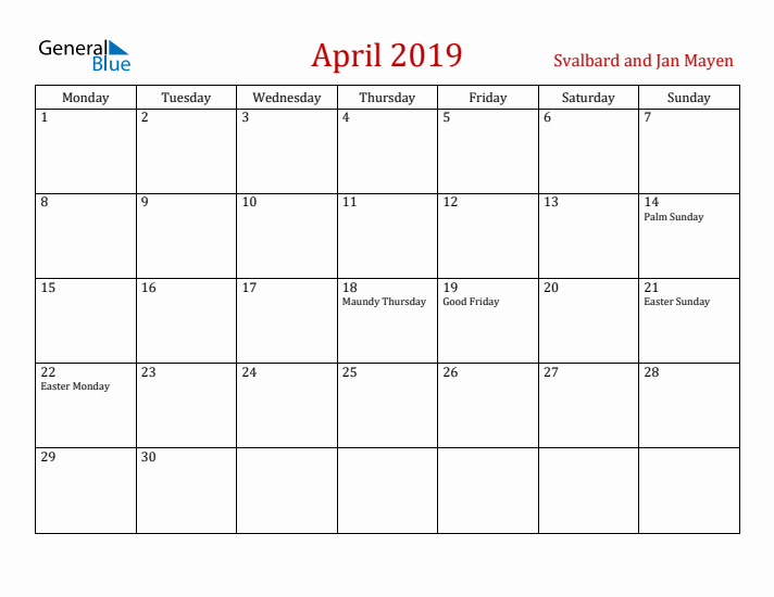 Svalbard and Jan Mayen April 2019 Calendar - Monday Start