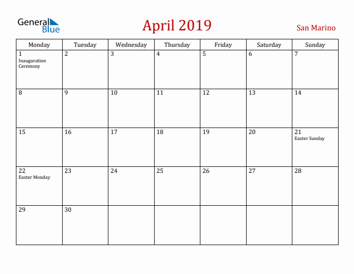 San Marino April 2019 Calendar - Monday Start