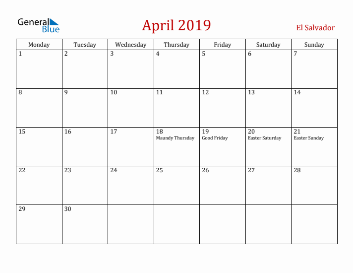 El Salvador April 2019 Calendar - Monday Start
