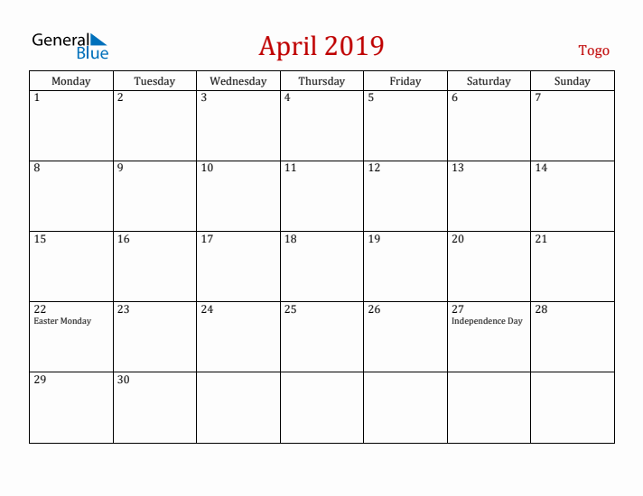 Togo April 2019 Calendar - Monday Start