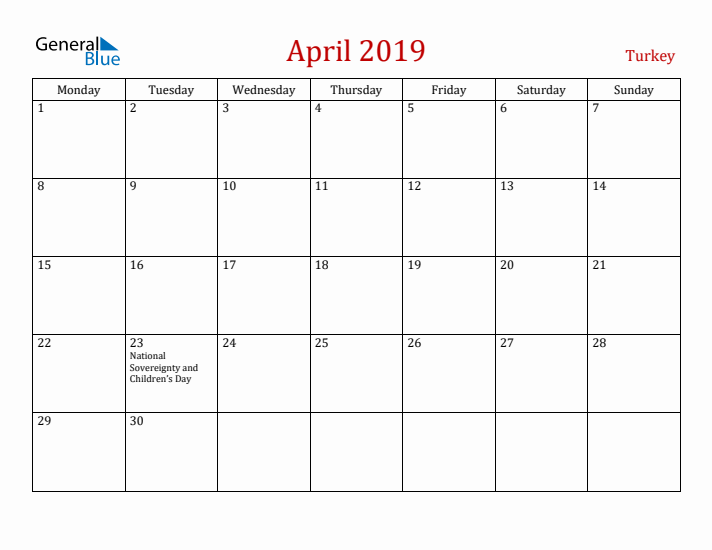 Turkey April 2019 Calendar - Monday Start