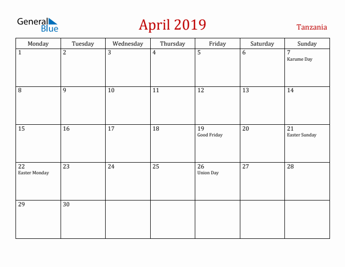 Tanzania April 2019 Calendar - Monday Start
