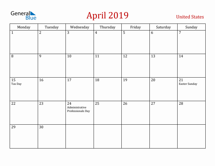 United States April 2019 Calendar - Monday Start