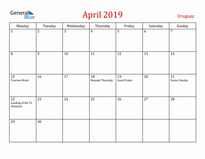 Uruguay April 2019 Calendar - Monday Start