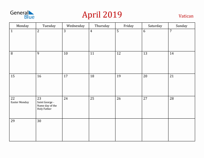 Vatican April 2019 Calendar - Monday Start