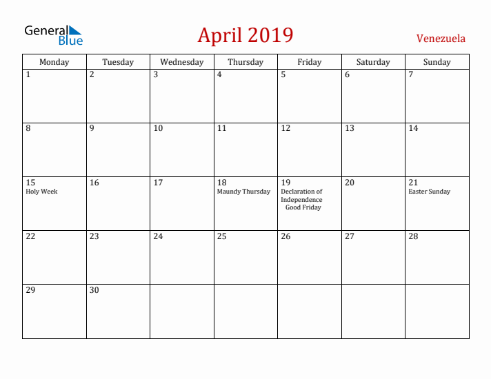 Venezuela April 2019 Calendar - Monday Start