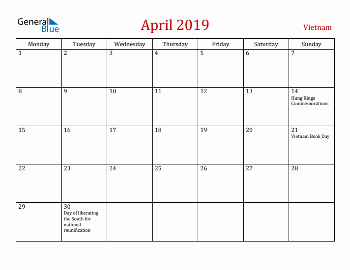 Vietnam April 2019 Calendar - Monday Start