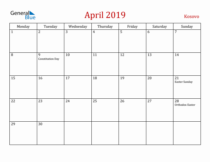 Kosovo April 2019 Calendar - Monday Start
