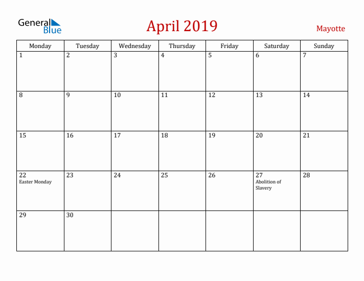 Mayotte April 2019 Calendar - Monday Start