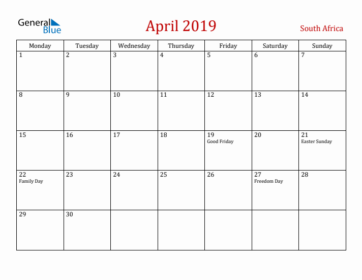 South Africa April 2019 Calendar - Monday Start
