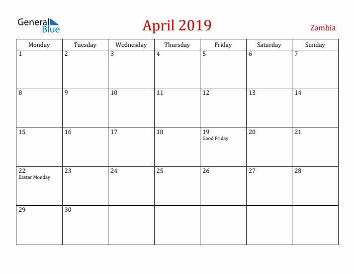 Zambia April 2019 Calendar - Monday Start