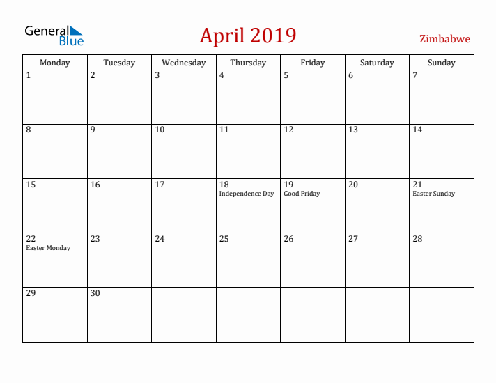Zimbabwe April 2019 Calendar - Monday Start