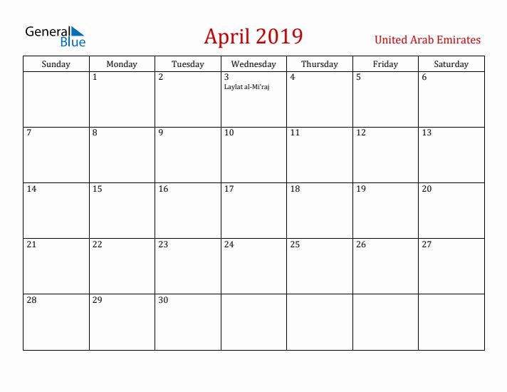 United Arab Emirates April 2019 Calendar - Sunday Start