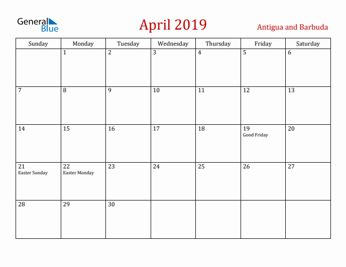 Antigua and Barbuda April 2019 Calendar - Sunday Start