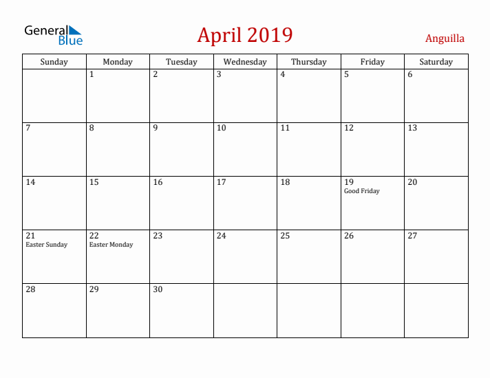 Anguilla April 2019 Calendar - Sunday Start
