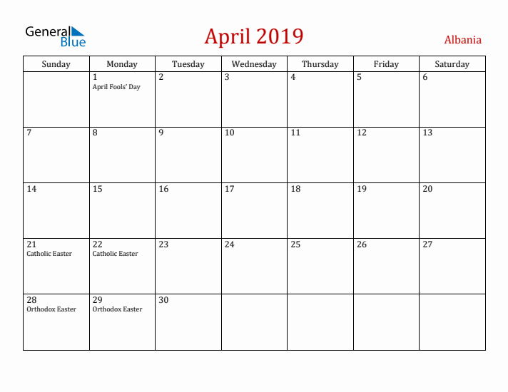 Albania April 2019 Calendar - Sunday Start