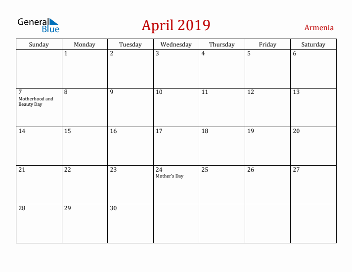 Armenia April 2019 Calendar - Sunday Start