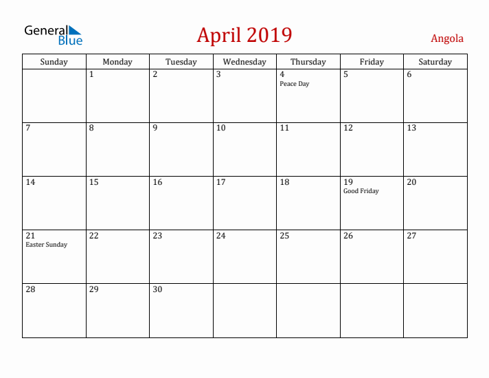 Angola April 2019 Calendar - Sunday Start