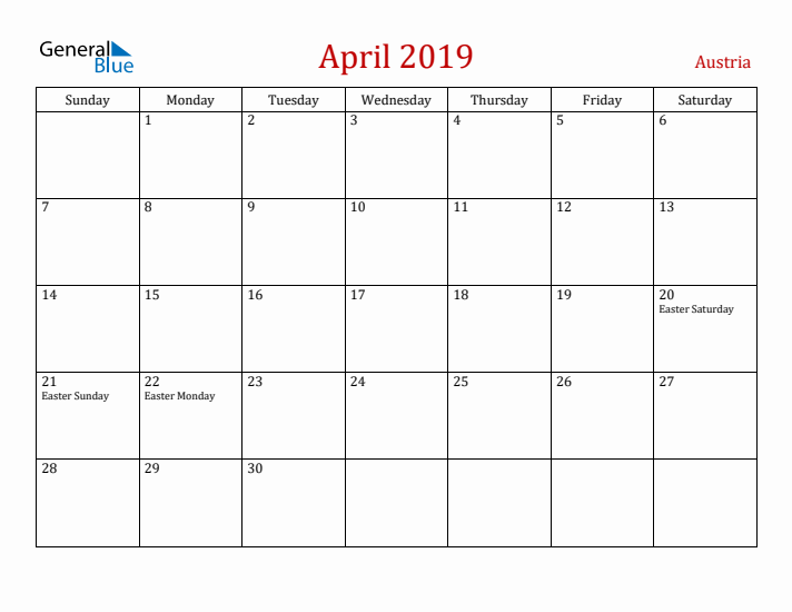 Austria April 2019 Calendar - Sunday Start