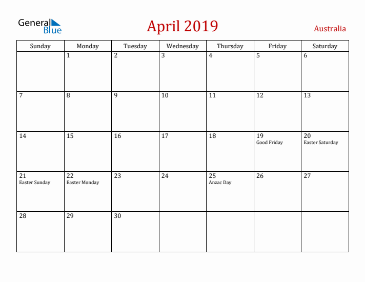 Australia April 2019 Calendar - Sunday Start
