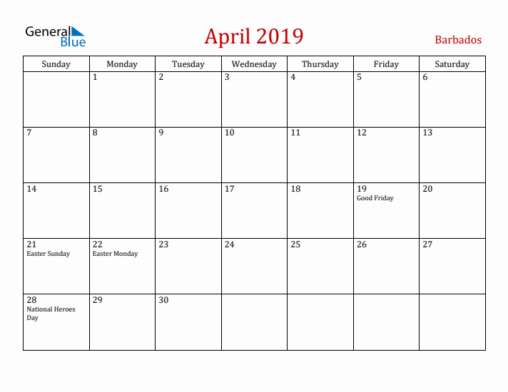 Barbados April 2019 Calendar - Sunday Start