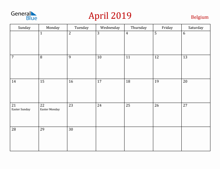 Belgium April 2019 Calendar - Sunday Start