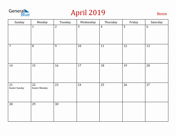 Benin April 2019 Calendar - Sunday Start