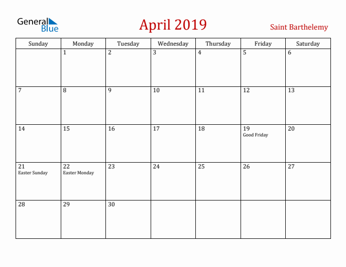 Saint Barthelemy April 2019 Calendar - Sunday Start