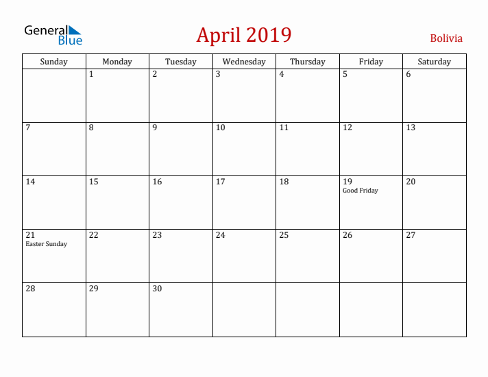 Bolivia April 2019 Calendar - Sunday Start